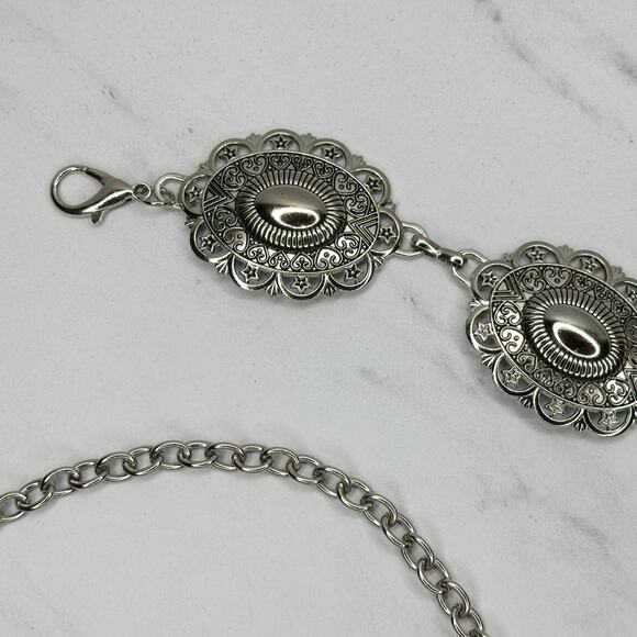 Womens Southwestern Concho Chain Belt Silver Tone Stamped One Size OS ✨ - Picture 3 of 11